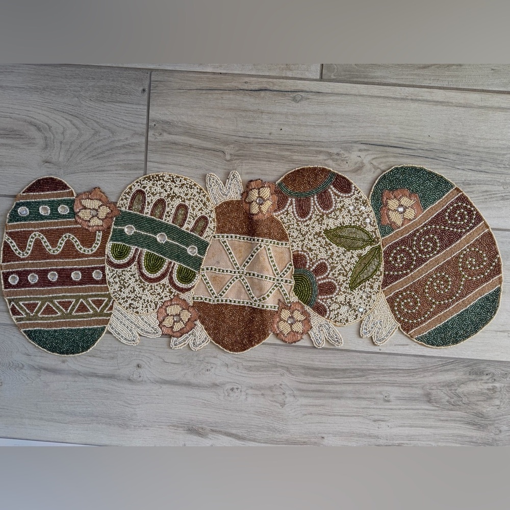 Hand-Beaded Easter Egg Table Runner - Green, Brown, Cream